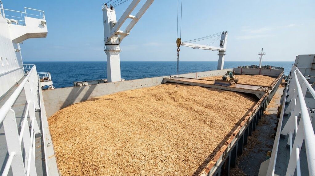 Wood chips loaded in a cargo ship hold for export